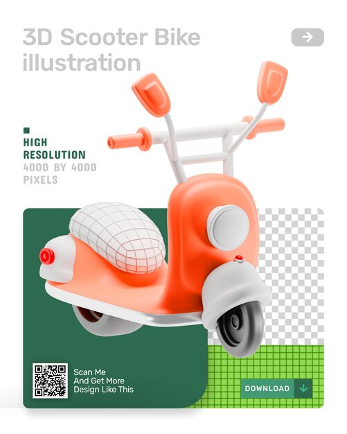 Ilustração 3d da bicicleta scooter com camada alfa