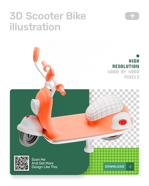 Ilustração 3d da bicicleta scooter com camada alfa