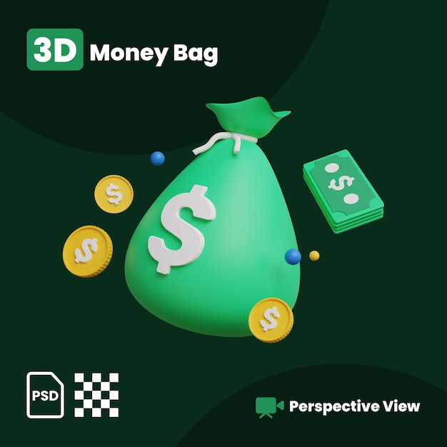Ilustração 3D da bolsa de dinheiro com uma visão em perspectiva