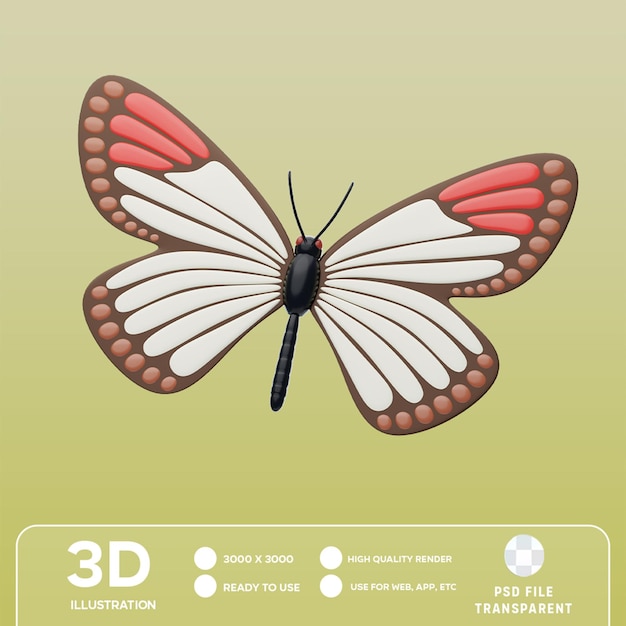 PSD ilustração 3d da borboleta de ponta vermelha do psd