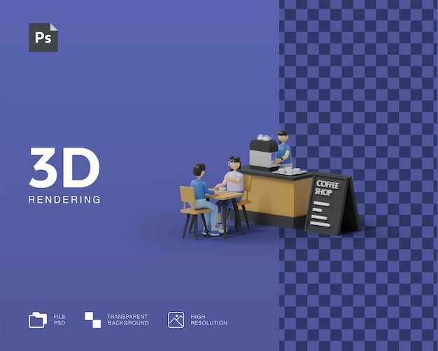 Ilustração 3d da cafeteria