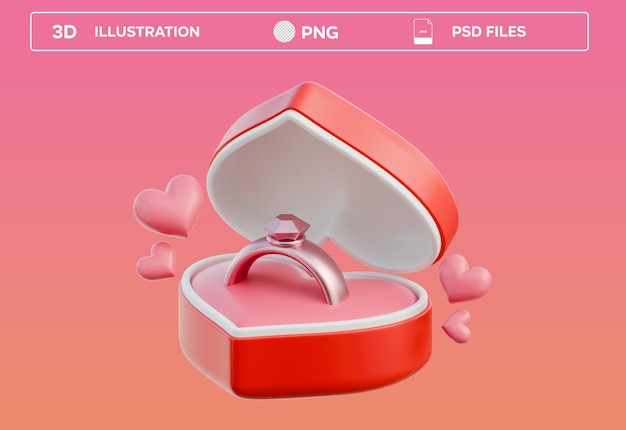 Ilustração 3D da caixa de anéis de coração PSD
