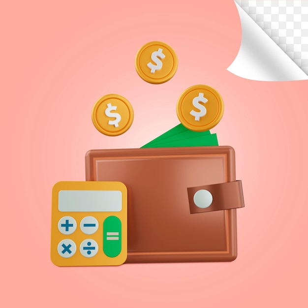 Ilustração 3d da carteira com dinheiro e calculadora