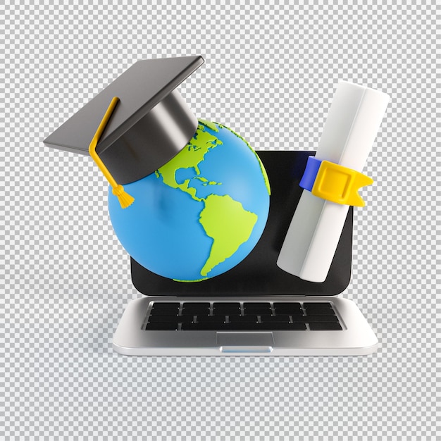 Ilustração 3D da Educação Global On-Line com Elementos de Graduação