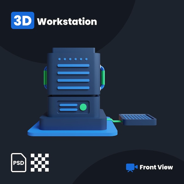 Ilustração 3d da estação de trabalho do banco de dados com vista frontal