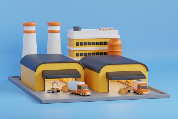 Ilustração 3D da fábrica e armazém Armazém edifício industrial armazém industrial