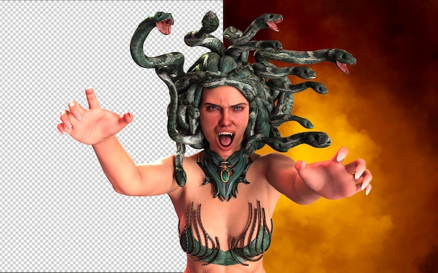 Ilustração 3D da figura mitológica grega Medusa em fundo vermelho escuro