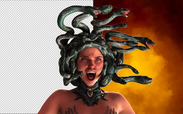 Ilustração 3D da figura mitológica grega Medusa em fundo vermelho escuro