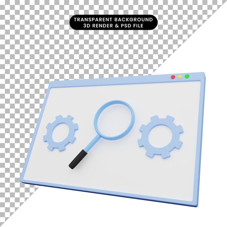 PSD ilustração 3d da ilustração da web com lupa e ícone de engrenagem