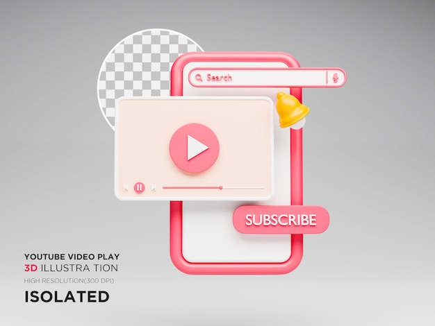 Ilustração 3d da interface de reprodução de vídeo do youtube