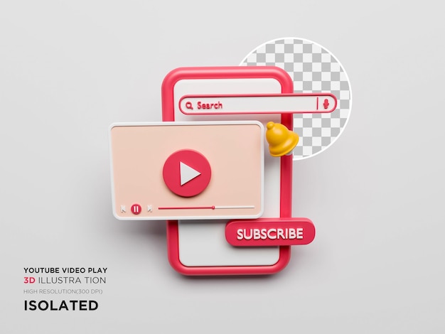 Ilustração 3d da interface de reprodução de vídeo do youtube