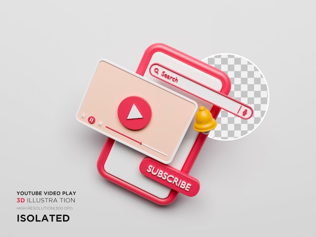 Ilustração 3d da interface de reprodução de vídeo do Youtube