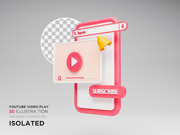 Ilustração 3d da interface de reprodução de vídeo do youtube