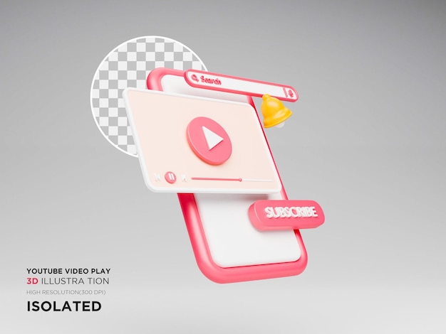 Ilustração 3d da interface de reprodução de vídeo do Youtube