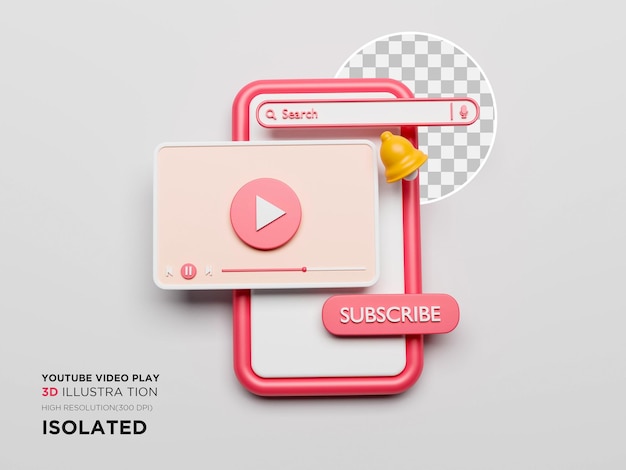 Ilustração 3d da interface de reprodução de vídeo do youtube