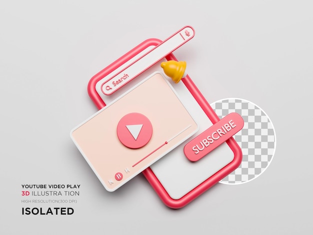 Ilustração 3d da interface de reprodução de vídeo do Youtube