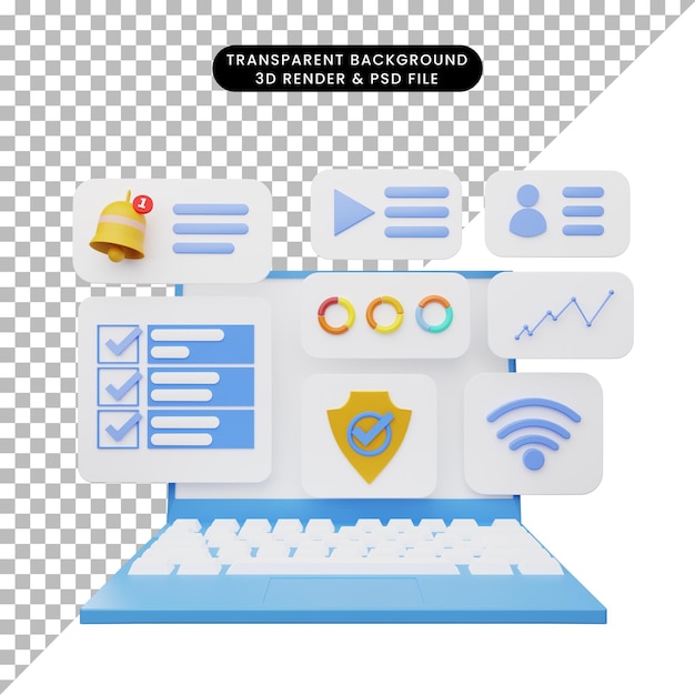 Ilustração 3D da interface do usuário no laptop