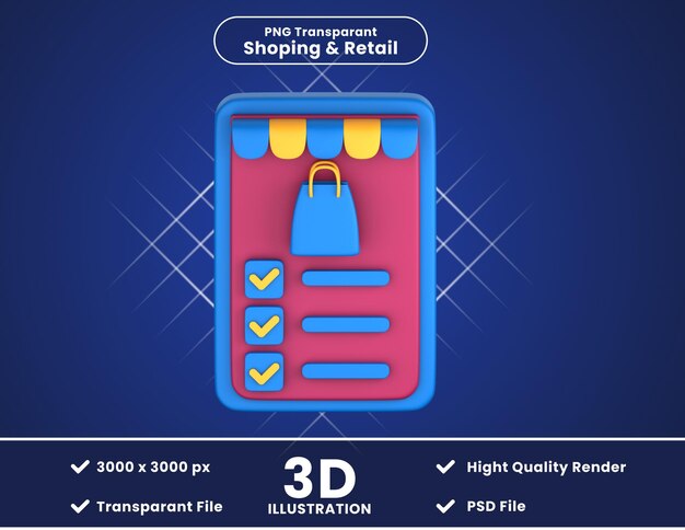 PSD ilustração 3d da lista de compras