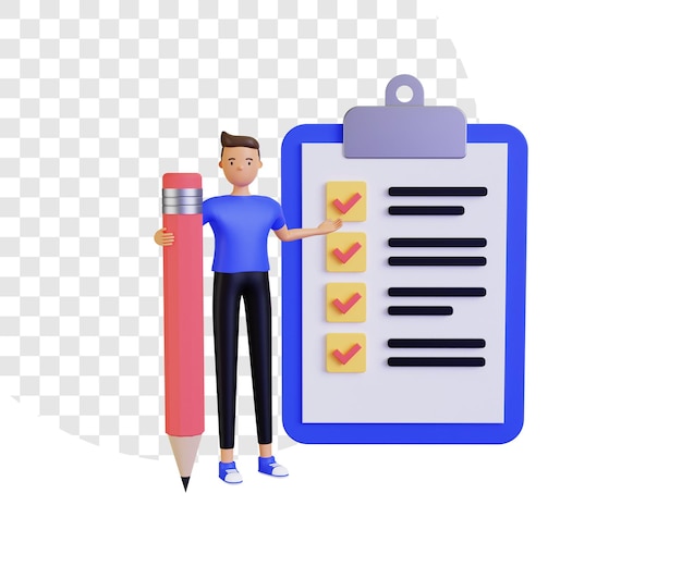 Ilustração 3D da lista de verificação com o personagem masculino segurando um lápis