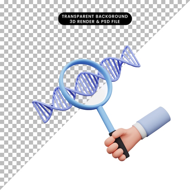 PSD ilustração 3d da mão segurando uma lupa para o dna