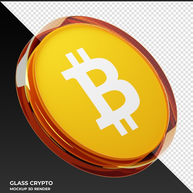 Ilustração 3D da moeda criptográfica de vidro Bitcoin BTC