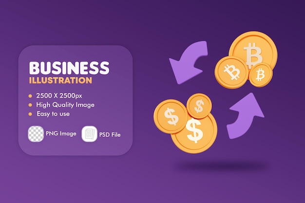 Ilustração 3D da moeda de troca de dólar para Bitcoin, conceito de negociação, financeiro e de negócios