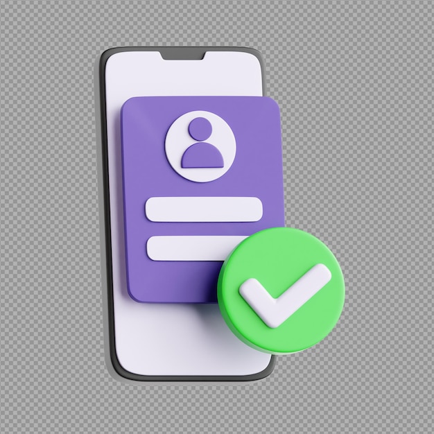 Ilustração 3d da página do documento com identificação do utilizador com fundo transparente de sinal verificado