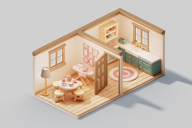 Ilustração 3D da sala isométrica