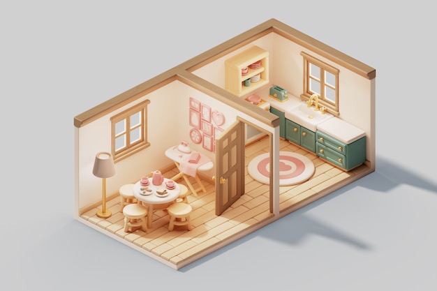 Ilustração 3d da sala isométrica