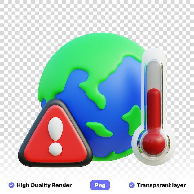Ilustração 3D da Terra com sinal de aquecimento global sinal de alta temperatura em fundo transparente