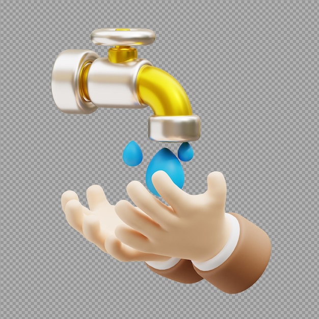 PSD ilustração 3d da torneira com as mãos abaixo descrevendo o ícone de higiene educando a importância da lavagem das mãos