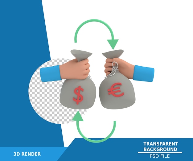 Ilustração 3d da troca de moeda do dólar e do euro