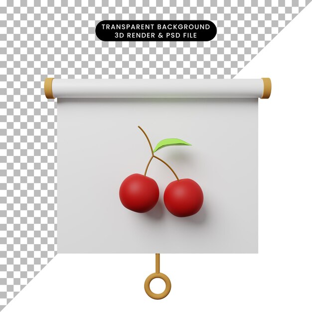 Ilustração 3d da vista frontal do quadro de apresentação de objeto simples com cereja