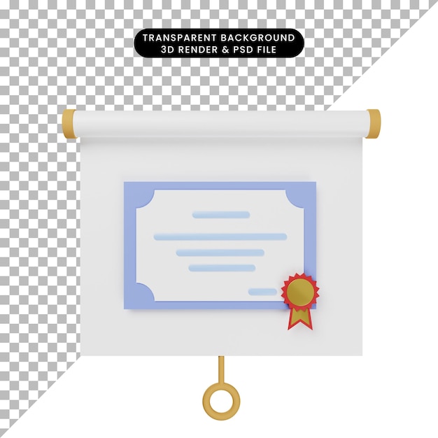 Ilustração 3d da vista frontal do quadro de apresentação de objeto simples com certificado