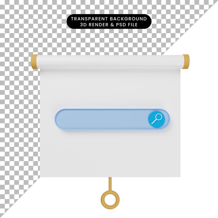PSD ilustração 3d da vista frontal do quadro de apresentação de objetos simples com mecanismo de pesquisa