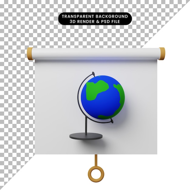 PSD ilustração 3d da vista frontal do quadro de apresentação de objetos simples com o mundo do globo