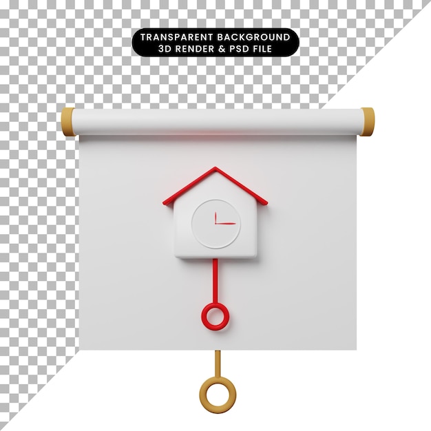Ilustração 3D da vista frontal do quadro de apresentação de objetos simples com relógio de parede