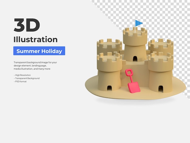 PSD ilustração 3d das férias de verão na praia do ícone do castelo de areia