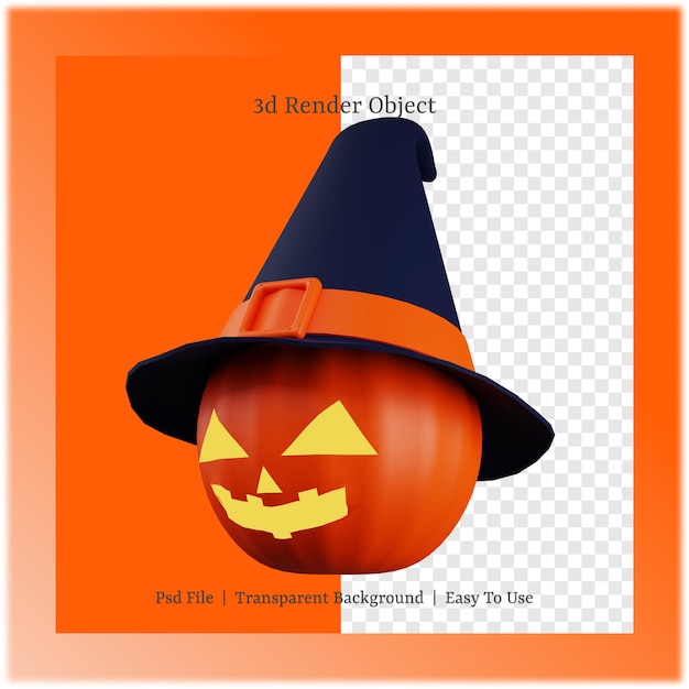 Ilustração 3d de abóbora e chapéu com conceito de dia de halloween