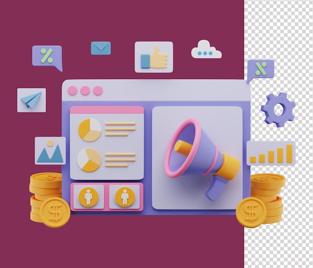 Ilustração 3d de análise de marketing digital