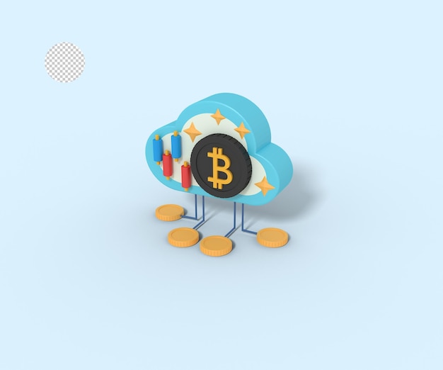 PSD ilustração 3d de armazenamento de bitcoin na nuvem