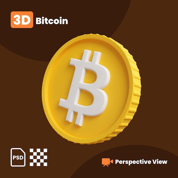 PSD ilustração 3d de bitcoin com uma visão em perspectiva