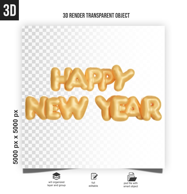 PSD ilustração 3d de bolinhos de letras douradas de feliz ano novo com fundo transparente
