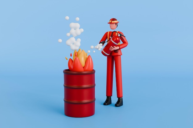 PSD ilustração 3d de bombeiro segurando extintor vestindo uniforme e capacete extinguindo fogo