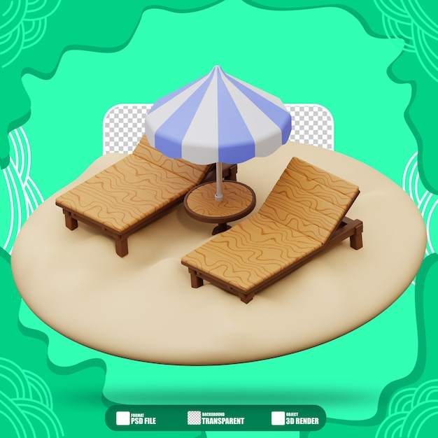 Ilustração 3d de cadeira de praia e guarda-chuva 2