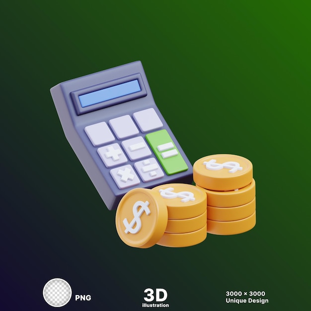 Ilustração 3D de calculadora digital com moedas de ouro de moeda digital em fundo transparente