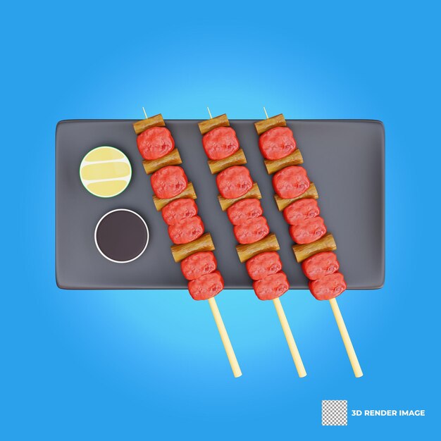 Ilustração 3d de comida asiática yakitori comida japonesa