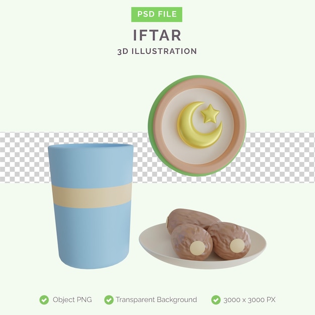 PSD ilustração 3d de comida iftar