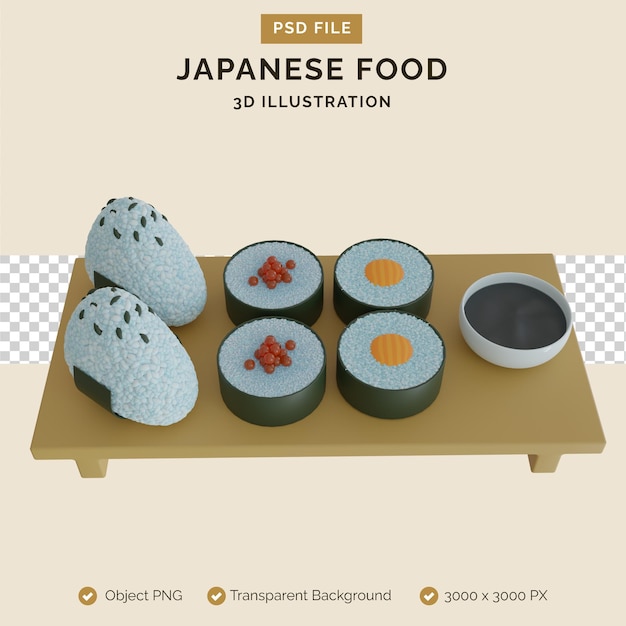 PSD ilustração 3d de comida japonesa