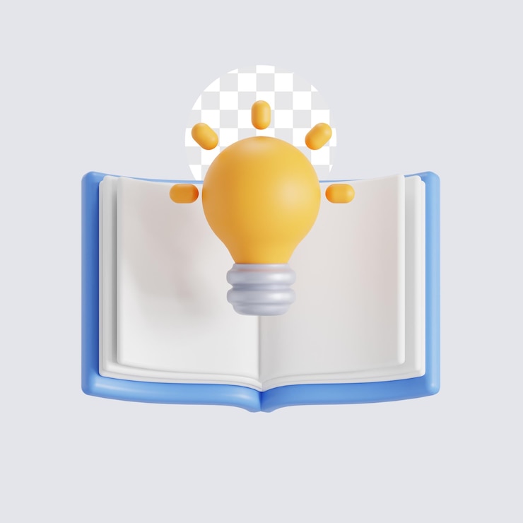 PSD ilustração 3d de conhecimento com livro aberto com lâmpada